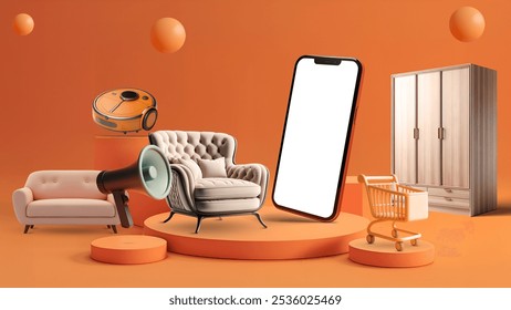 E-commerce and sales showroom with furniture products. Blank screen smartphone mockup on podium. - Powered by Shutterstock