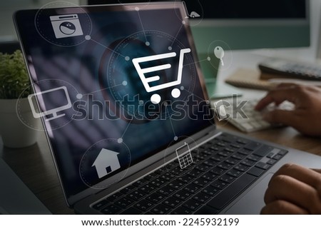 e-commerce shopping man phone and laptop using shopping E-commer