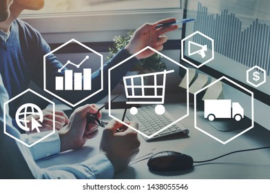 e-commerce and shopping online concept diagram, sales of internet shop, business people working on background - Shutterstock ID 1438055546