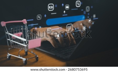 E-commerce technology concept with businessman using laptop and shopping cart, online retail, digital marketing, product search, secure payment, shop online, and modern internet shopping solution.