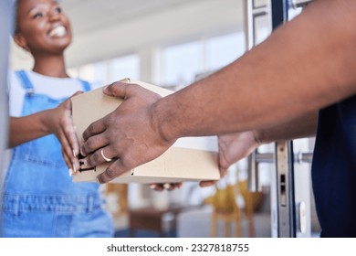 Ecommerce, woman with delivery man and package at her home for courier transportation. Online shopping or logistics, supply chain or distribution and African female person receive parcel or product