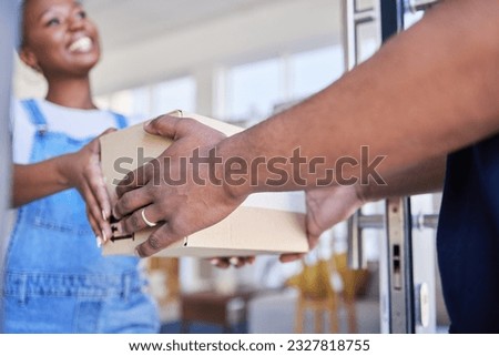 Ecommerce, woman with delivery man and package at her home for courier transportation. Online shopping or logistics, supply chain or distribution and African female person receive parcel or product