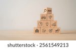 Economic, business outlook concept. Financial, business view or economic growth forecast for 2025. OUTLOOK 2025 text and business trend icons on wooden cube blocks, copy space, minimal background.