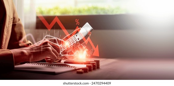 Economic collapse concept, businessman with falling financial graph chart due to global recession. Stock market crash, inflation, financial crisis, Falling income in GDP, capital reduction - Powered by Shutterstock