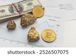 Economic concept: Crypto currency, money and gold on global stock markets. Three shiny bitcoin and two gold pieces lying on some EURO and US dollar banknotes. Black background with copy space