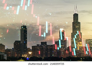 Economic crisis chart and world map hologram on Chicago cityscape background, bankruptcy and recession concept. Multiexposure - Shutterstock ID 2140359725