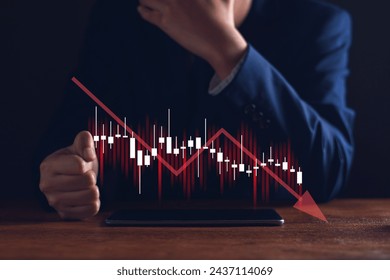 Economic crisis concept. Businessman show economic collapse, Crisis chart downturn, financial problems, recession, debt, inflation, market collapse, financial crisis economic recession slowing down