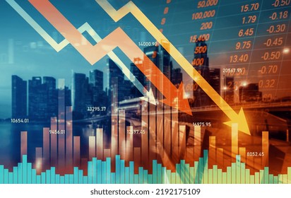 Economic crisis concept shown by declining graphs and digital indicators overlap modernistic city background. Double exposure. - Powered by Shutterstock