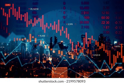 Economic crisis concept shown by declining graphs and digital indicators overlap modernistic city background. Double exposure.
