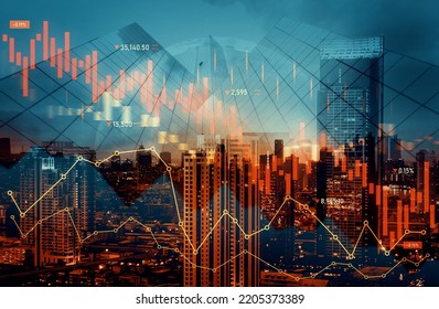 Economic crisis concept shown by declining graphs and digital indicators overlap modernistic city background. Double exposure. - Shutterstock ID 2205373389