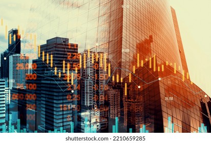 Economic crisis concept shown by declining graphs and digital indicators overlap modernistic city background. Double exposure.