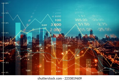 Economic crisis concept shown by declining graphs and digital indicators overlap modernistic city background. Double exposure. - Shutterstock ID 2233819609
