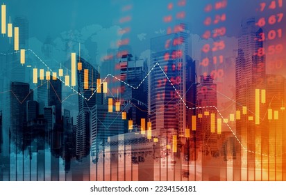 Economic crisis concept shown by declining graphs and digital indicators overlap modernistic city background. Double exposure. - Shutterstock ID 2234156181
