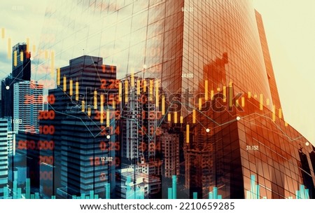 Economic crisis concept shown by declining graphs and digital indicators overlap modernistic city background. Double exposure.