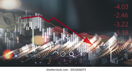 Economic crisis, financial background. Double exposure of Coins and US dollars bank note currency with financial graph chart falling due to global economic recession, stock market crash, inflation