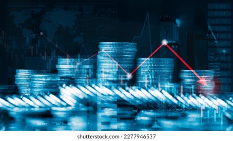 Economic crisis, financial background, Double exposure of Coins  currency with financial graph chart falling due to global economic recession, stock market crash, inflation - Shutterstock ID 2277946537