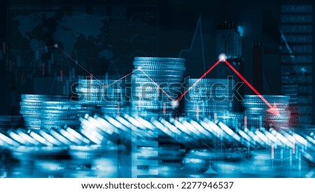 Economic crisis, financial background, Double exposure of Coins  currency with financial graph chart falling due to global economic recession, stock market crash, inflation
