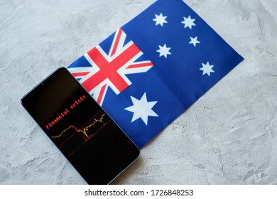 The Economic Crisis, The News And The Schedule Drop-down On The Smartphone Screen. The Financial Crisis In Australia . Flag