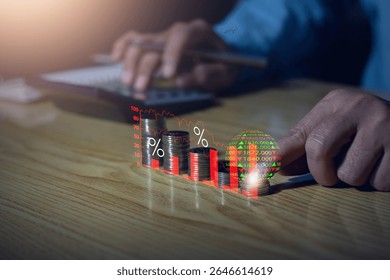 Economic downturn concept, Businessman with financial graph falling due to global recession, Stock market crash, Inflation, Financial crisis, Decreased income in GDP, Capital reduction, Worry.