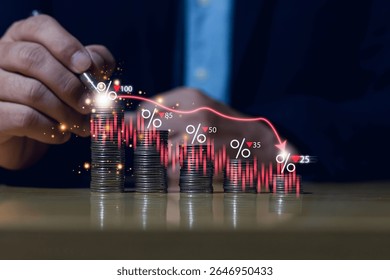 Economic downturn concept, Businessman with financial graph falling due to global recession, Stock market crash, Inflation, Financial crisis, Decreased income in GDP, Capital reduction, Worry.