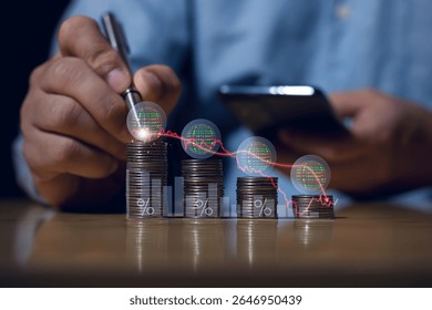 Economic downturn concept, Businessman with financial graph falling due to global recession, Stock market crash, Inflation, Financial crisis, Decreased income in GDP, Capital reduction, Worry.