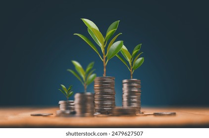 Economic growth, saving money and business ideas concept, The trees is growing on the pile of coins on wooden table, Financial or money growing. - Powered by Shutterstock