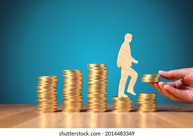 Economic growth stimulus in post-covid-19 era. Concept with coins, person rising on coins and helping hand with coins. Ppolitician stimulate economy for GDP growth in after covid-19 crisis. - Shutterstock ID 2014483349