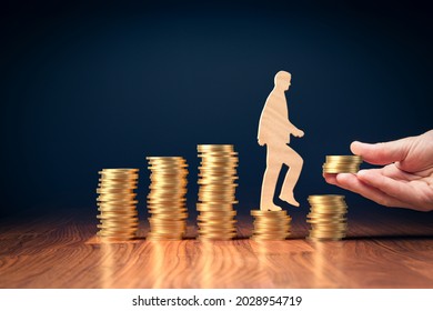 Economic growth stimulus in post-covid-19 era. Concept with coins, person rising on coins and helping hand with coins. Ppolitician stimulate economy for GDP growth in after covid-19 crisis. - Shutterstock ID 2028954719