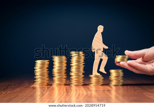 Economic\
growth stimulus in post-covid-19 era. Concept with coins, person\
rising on coins and helping hand with coins. Ppolitician stimulate\
economy for GDP growth in after covid-19\
crisis.