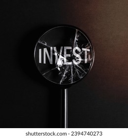 Economic inflation, financial problems, falling profitability concept. Broken cracked magnifying glass focused on word Invest on black background. - Shutterstock ID 2394740273