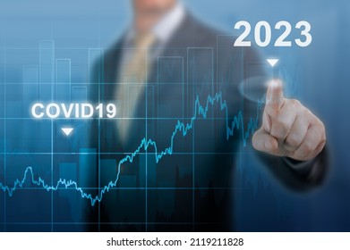 Economic Recovery In 2023. Timeline Chart Diagram Of Global Economic Recovery After Crisis Caused By Covid19 Pandemic. Restart Economy After Crisis Businessman Pointing Graph Growth Plan