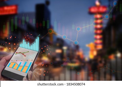 Economic Recovery With Financial Technology Or Fintech On Abstract Bokeh Night City On Road At China Town Background. City Life After Corona Virus COVID-19 Pandemic Concept And Double Exposure Idea 