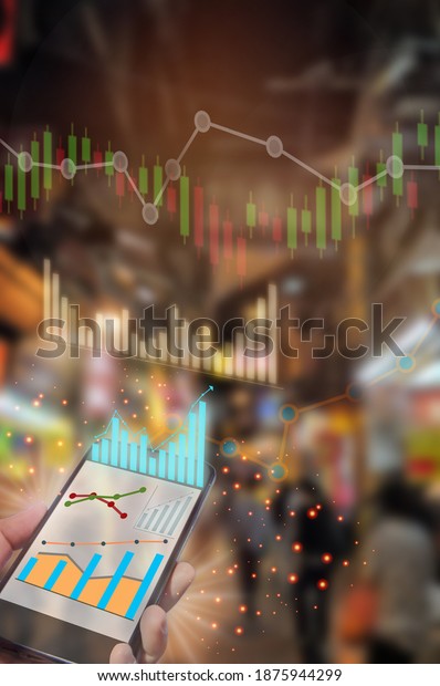 Economic recovery with financial technology or fintech\
on abstract night city on street at china town background. City\
life after coronavirus COVID-19 pandemic concept and double\
exposure idea 