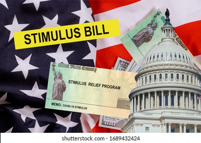 Economic U.S. STIMULUS RELIEF PROGRAM Bill Coronavirus Global Pandemic Covid 19 Financial Lockdown From Government US 100 Dollar Bills Currency On American Flag