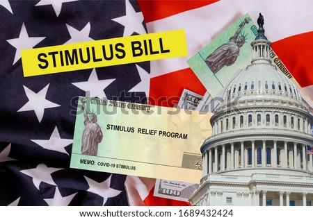 Economic U.S. STIMULUS RELIEF PROGRAM Bill Coronavirus Global pandemic Covid 19 financial lockdown from government US 100 dollar bills currency on American flag [[stock_photo]] © 