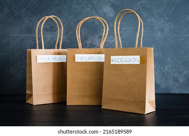 Economy After Covid Conceptual Image, Inflation Shortages And Recession Texts On Shopping Bags, 