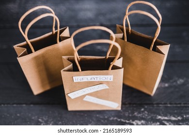 Economy After Covid Conceptual Image, Inflation Shortages And Recession Texts On Shopping Bags