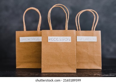 Economy After Covid Conceptual Image, Inflation Shortages And Recession Texts On Shopping Bags