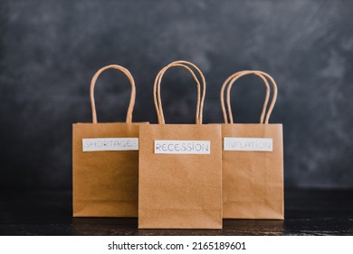 Economy After Covid Conceptual Image, Inflation Shortages And Recession Texts On Shopping Bags