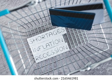 Economy After Covid Conceptual Image, Inflation Shortages And Recession Texts With Shopping Basket And Payment Cards