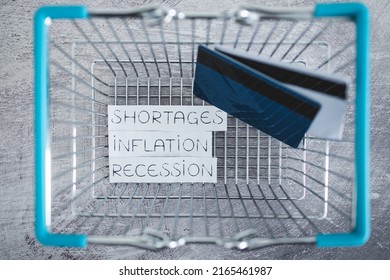 Economy After Covid Conceptual Image, Inflation Shortages And Recession Texts With Shopping Basket And Payment Cards