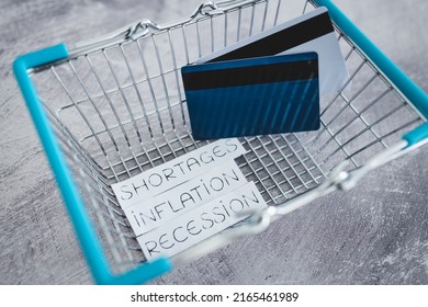 Economy After Covid Conceptual Image, Inflation Shortages And Recession Texts With Shopping Basket And Payment Cards