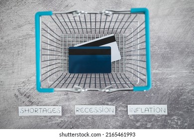 Economy After Covid Conceptual Image, Inflation Shortages And Recession Texts With Shopping Basket And Payment Cards