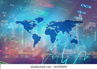 Economy Background With Abstract Stock Market Graph, Tickers, Financial Data And Blue World Map. Wallpaper For Global Economy And Financial News.