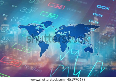 Economy background with abstract stock market graph, tickers, financial data and blue world map. Wallpaper for global economy and financial news.