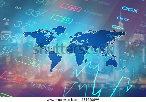 Economy background with abstract stock market\
graph, tickers, financial data and blue world map. Wallpaper for\
global economy and financial\
news.