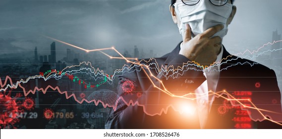 Economy crisis, Businessman with mask, Analysis corona virus economic impact, Crisis business and market financial conditions in the global Effects of outbreak and pandemic covid-19, Stocks fall. 