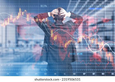 Economy recession and crisis concept with confused trader back view looking at digital falling down red financial chart candlestick and diagram on background, double exposure - Powered by Shutterstock