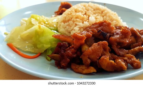 economy rice / mixed vegetable rice with meat, bean curd and cabbage, a staple food in singapore. chap chai peng