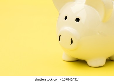  Economy or savings concept with white piggy-bank on yellow background